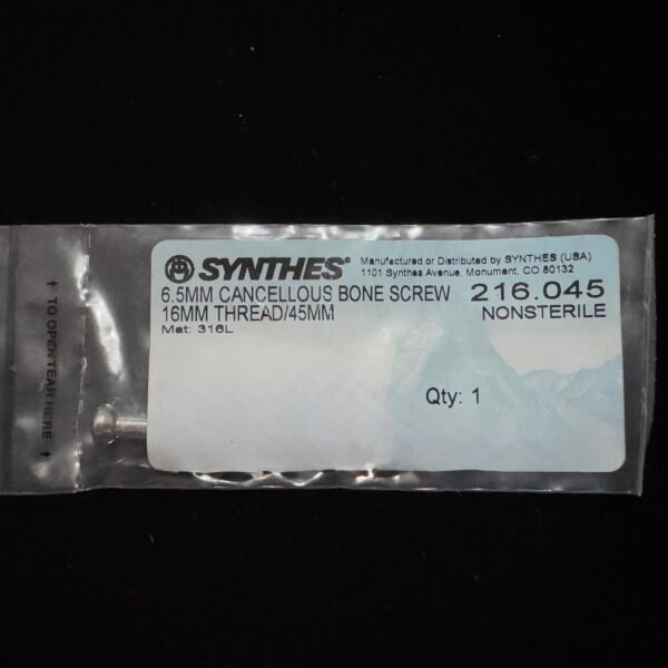 Synthes 216.045 6.5MM CANCELLOUS BONE SCREW 16MM THREAD/45MM