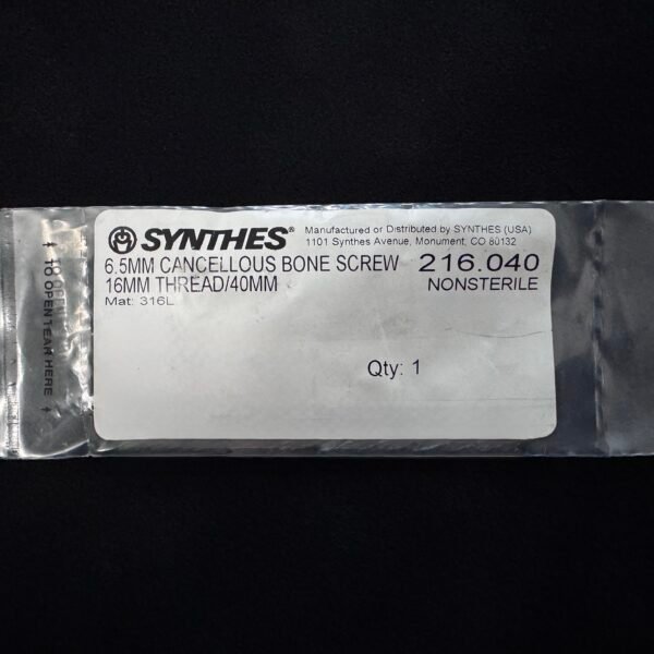 Synthes 216.040 6.5MM CANCELLOUS BONE SCREW 16MM THREAD/40MM